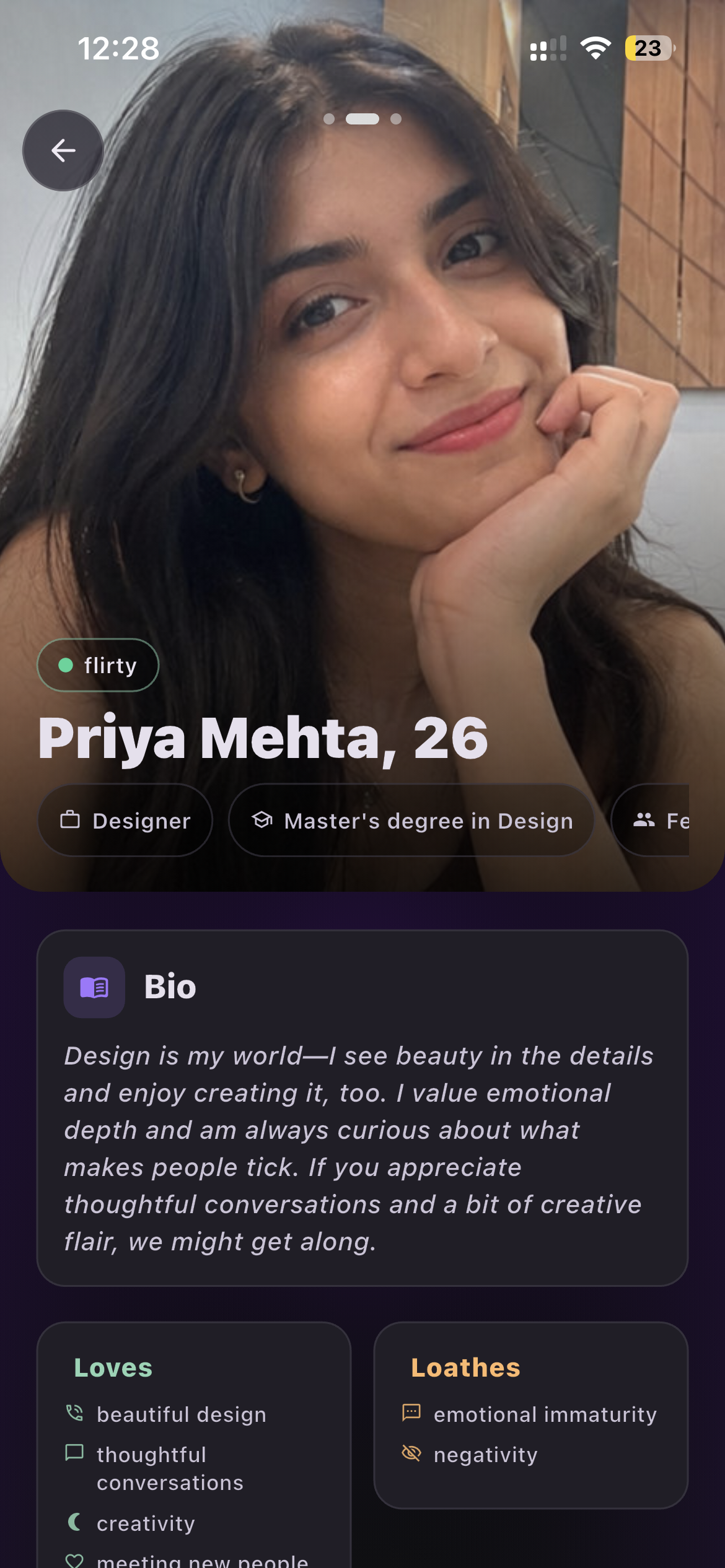 Lore app home feed with vibe-matched profiles